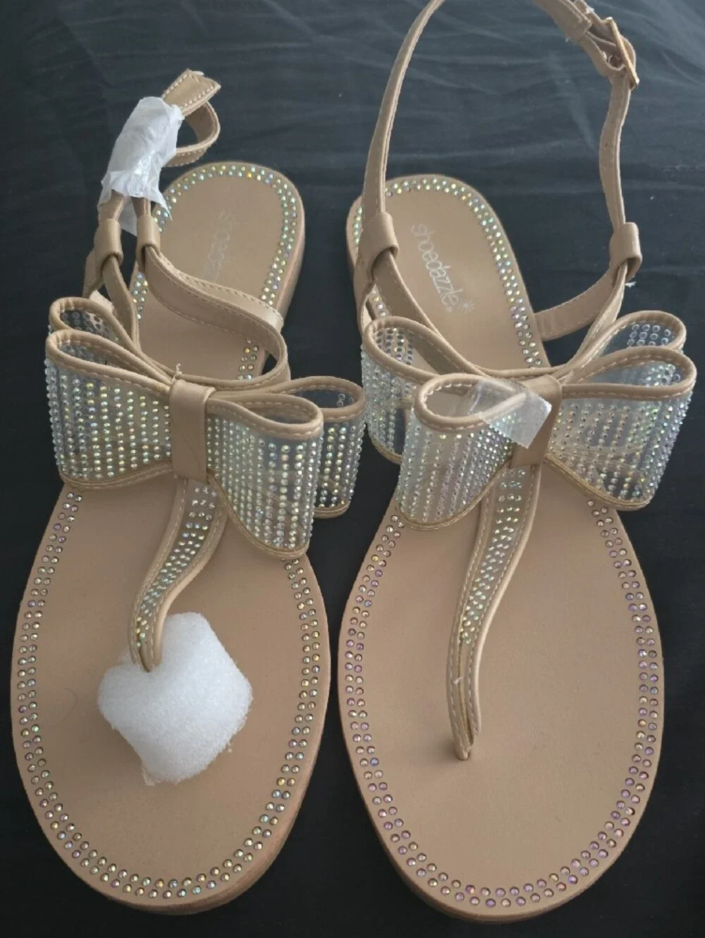 Shoe Dazzle Nude Bow Toe-Post Sandals with Rhinestone Trim